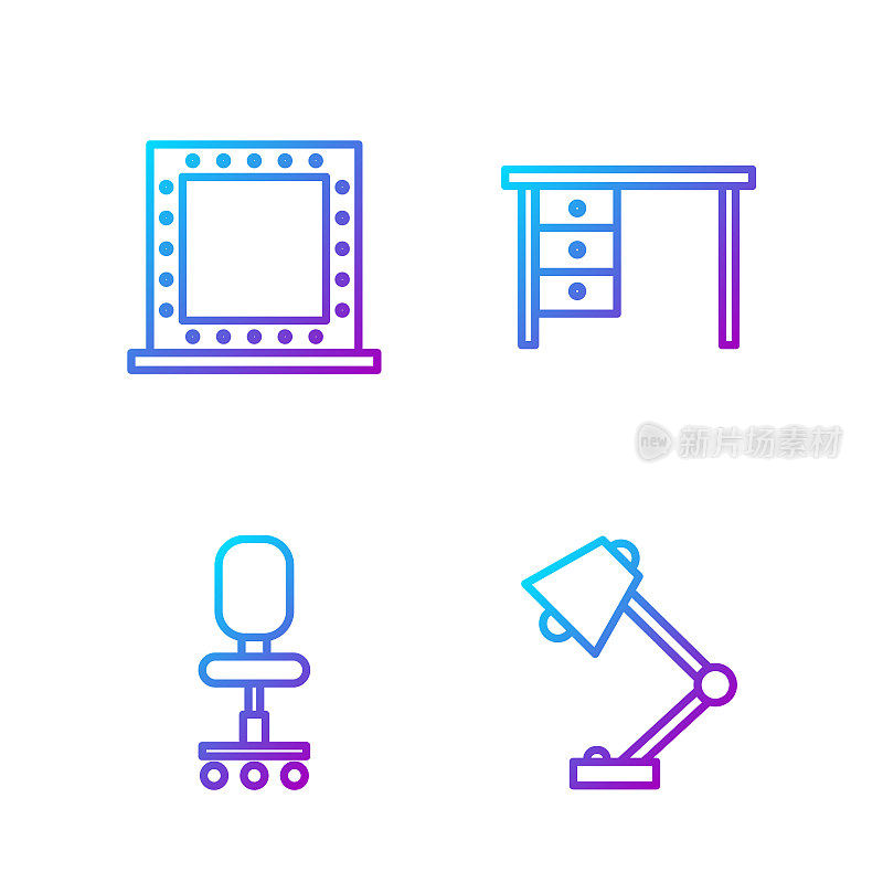 Set line Table lamp, Office chair, Makeup mirror with lights and Office desk. Gradient color icons. Vector